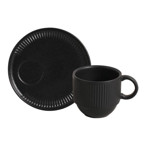 Taza De Té Apilable Con Plato Avant Garde Stoneware Linhas 230Ml Black Matte