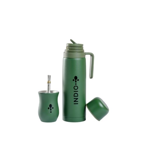 Set Invierno Kit De Mate Verde Osc Acero 304C/Guampa Inox+Bombilla Ac.Inox