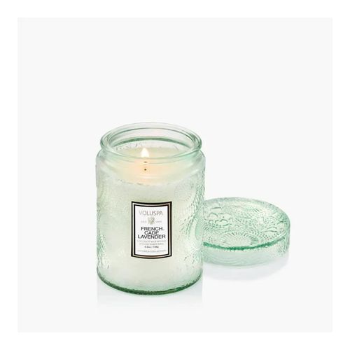Vela French Cade And Lavender 5 5 Oz Small Embossed Glass Jar  With Lid